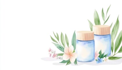 Two elegant jars surrounded by delicate flowers and leaves, creating a serene beauty scene