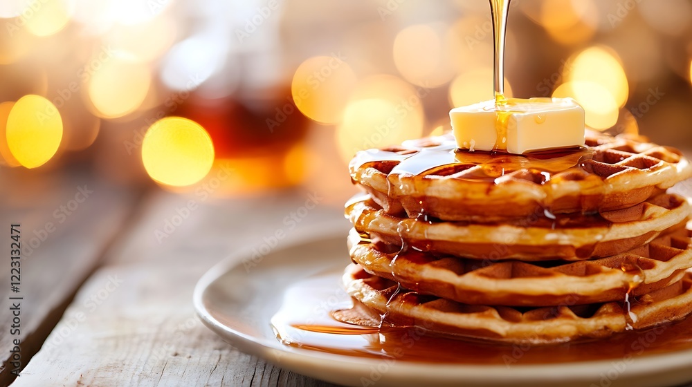 Wall mural a stack of waffles drizzled with maple syrup and butter