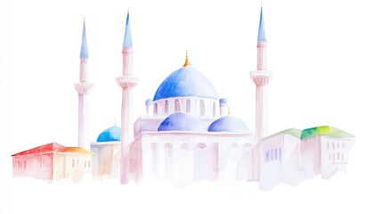 Watercolor illustration of a mosque with domes and minarets, set against a soft background
