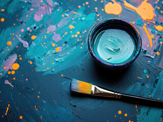 Close-up of a vibrant paint palette with a brush resting amid artistic chaos