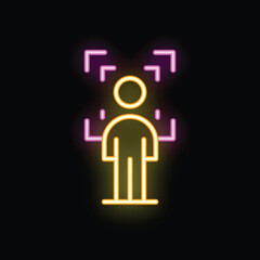 Neon icon of a person being scanned or targeted, with glowing lines and a bright, colorful design