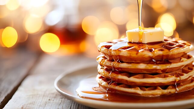 A stack of waffles drizzled with maple syrup and butter 
