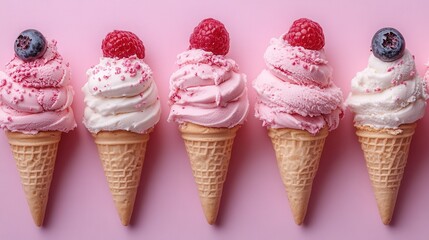 Colorful ice cream cones with berries on a pink background, perfect for dessert marketing