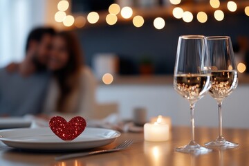 A beautifully arranged romantic dinner setting features two glasses of sparkling drink and heart decorations, creating an intimate ambiance for love and connection.