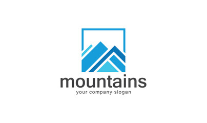 Blue Mountains Logo: Abstract logo design featuring stylized blue mountains inside a square frame. Perfect for businesses related to nature, adventure, or travel.  