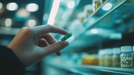 Close-Up of Person Pinching a Small Green Tablet in Front of a Shelf Full of Bottles and Jars in a Pharmacy or Medicine Cabinet Environment