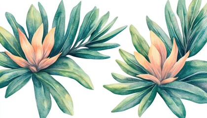 Vibrant watercolor illustration of tropical flowers and lush green leaves on a white background