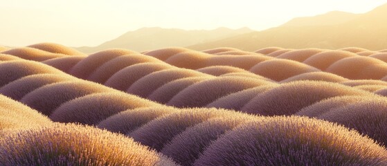 Fototapeta premium Rolling lavender hills bask in golden light under a serene sky, creating a tranquil and dreamy landscape.