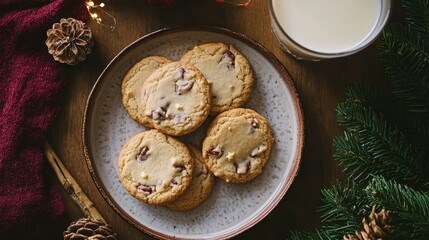 Festive christmas cookies with milk on wooden table with holiday decorations