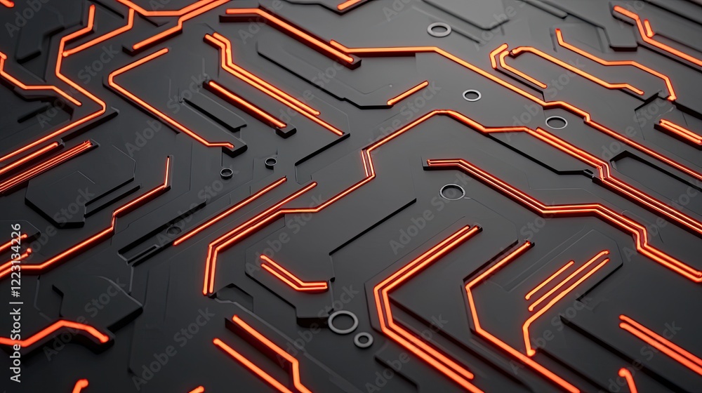 Poster a close-up of a black surface with intricate orange circuit patterns, showcasing a modern technologi