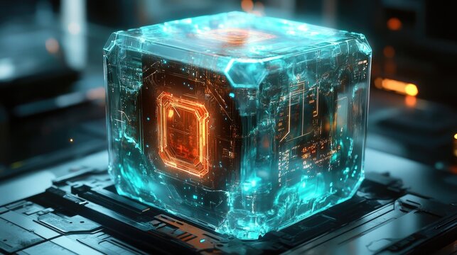 Glowing cube encased in transparent material, showcasing intrica - Powered by Adobe