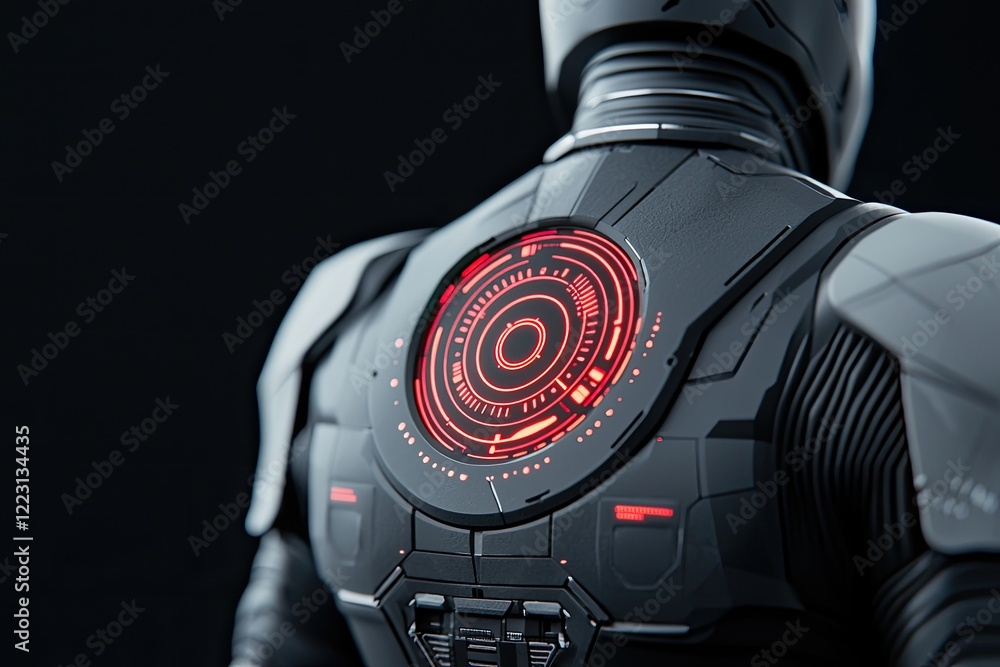 Poster a futuristic humanoid robot with a glowing red interface on its back, exuding a sleek and high-tech 