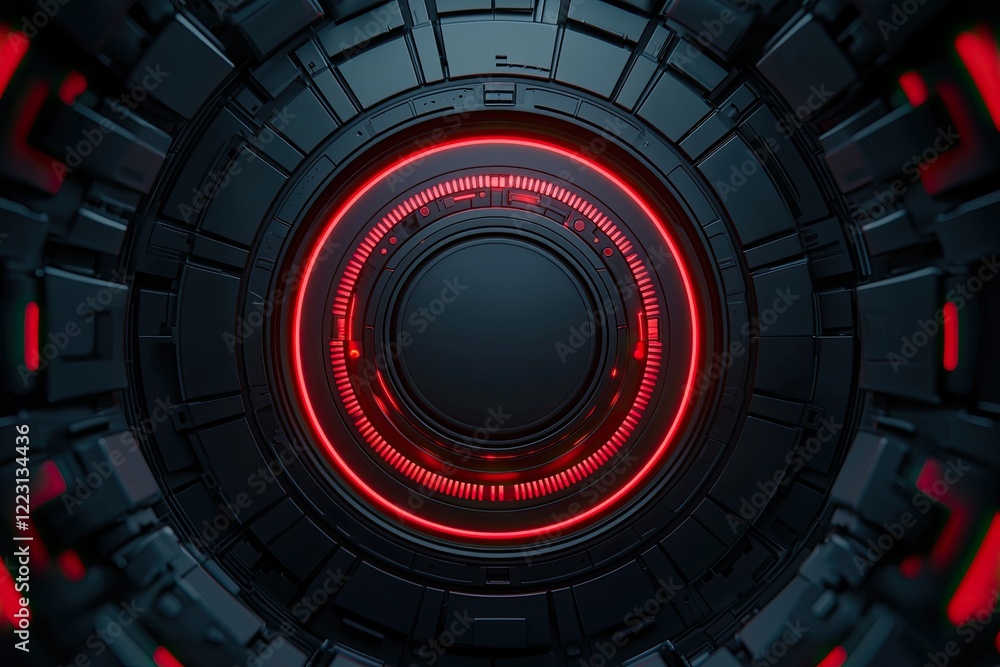 Poster a futuristic circular design with a central dark core surrounded by glowing red lights against a tex