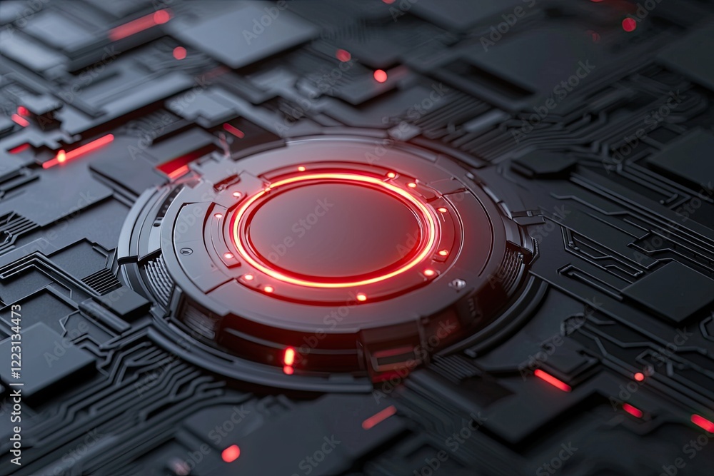 Poster a futuristic circuit board design with a glowing red element at its center, conveying a high-tech an