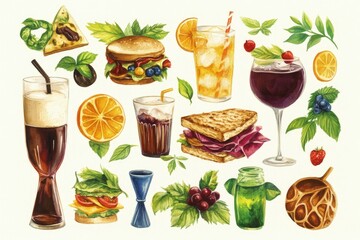 A vibrant collection of food and drink illustrations featuring sandwiches, burgers, and beverages