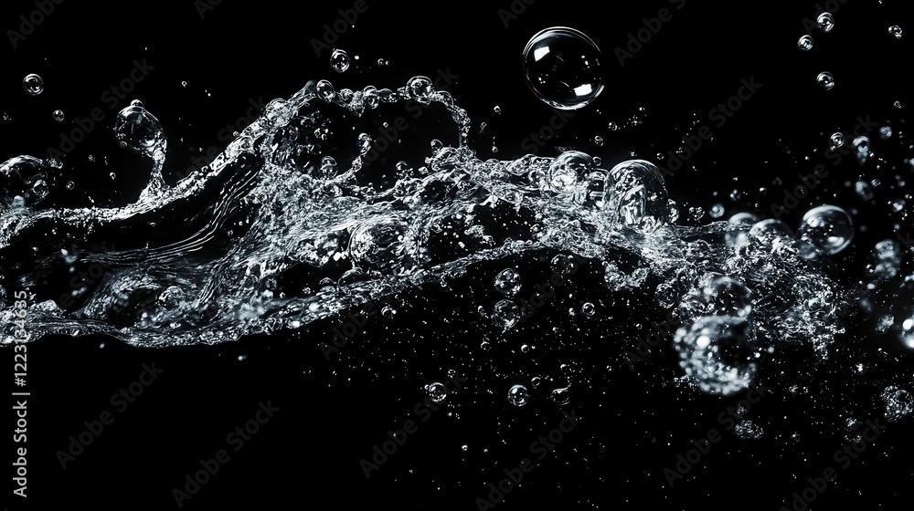 Poster dynamic splashing water with bubbles on black background