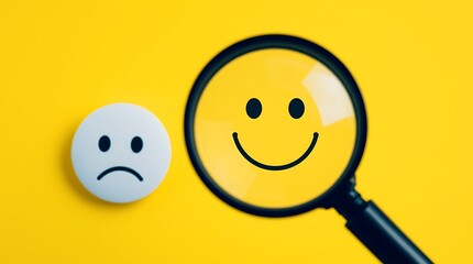 "Searching for Positivity – Customer Service Satisfaction Feedback Concept with Magnifying Glass Over Smiley Face"

