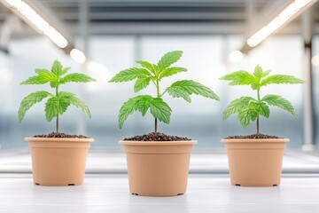 Fototapeta premium Three healthy green plants growing in pots under bright artificial lights in a modern greenhouse