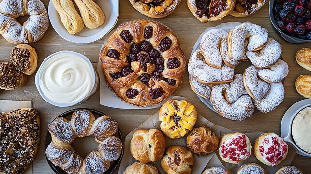  A table filled with assorted pastries and baked goods