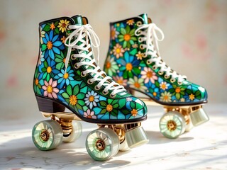
Vibrant floral roller skates and simple boots with colorful wheels and laces.