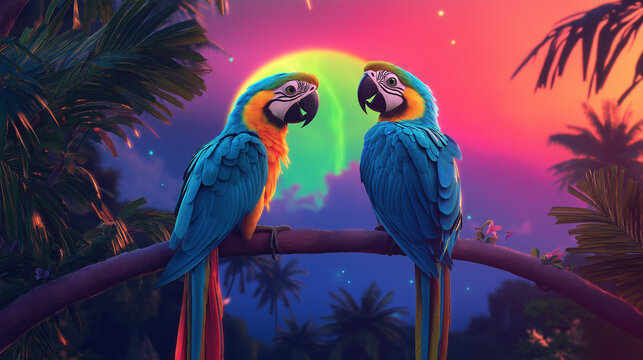 A pair of parrots at a beautiful background.