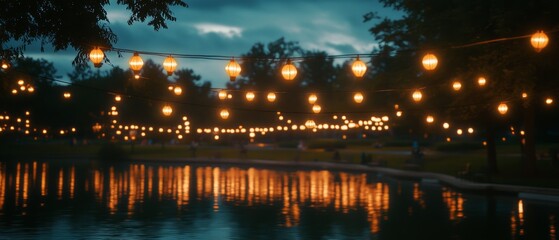 Reflections shimmer on a lake under the gentle illumination of string lights, casting a romantic, dreamy aura over the serene scene.
