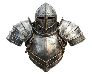 detailed medieval knight armor with intricate designs, showcasing polished metallic finish and protective elements. This armor represents strength and historical significance