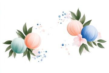Beautiful floral arrangement with pastel-colored spheres and leaves on a clean background