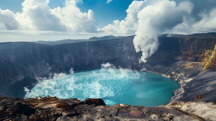 A volcanic caldera filled with a boiling, acidic lake, with fumaroles releasing steam along the edges.