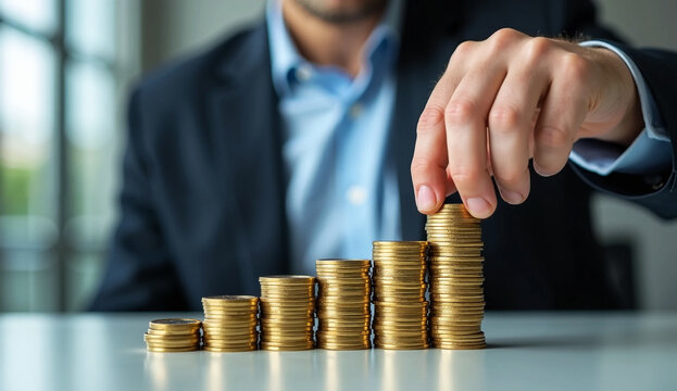 Businessman Hand Put Coins To Stack Of Coins