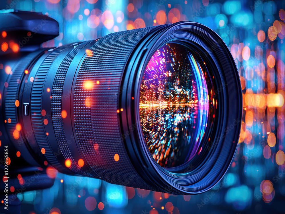 Poster captivating close-up view of a camera lens with vibrant bokeh lights in the background