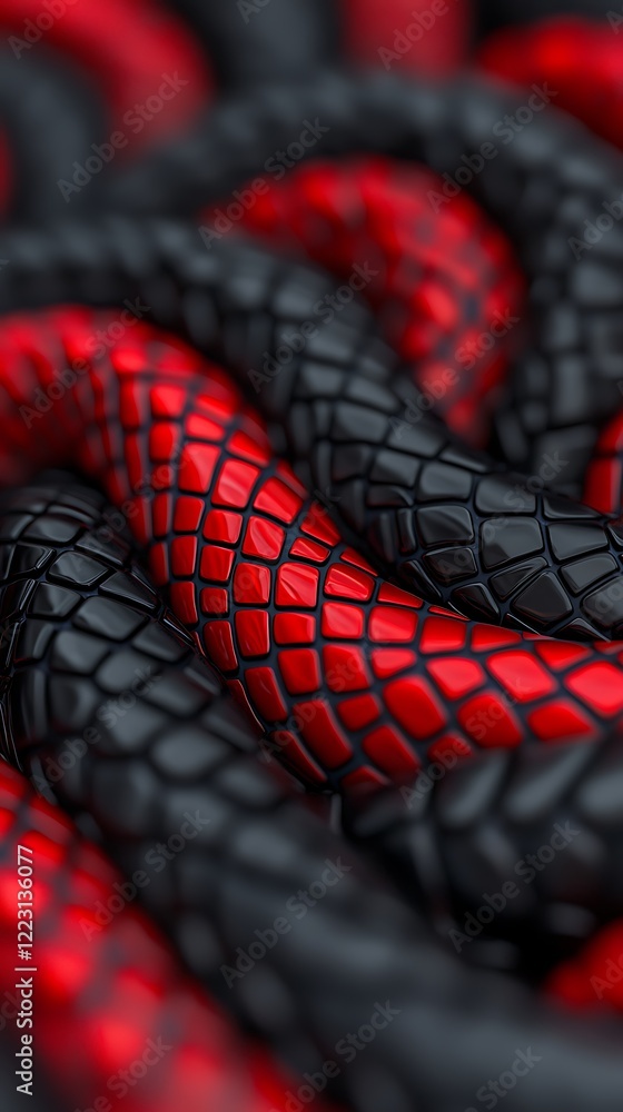 Poster the image features intertwined black and red textures resembling scales or ropes, showcasing a strik