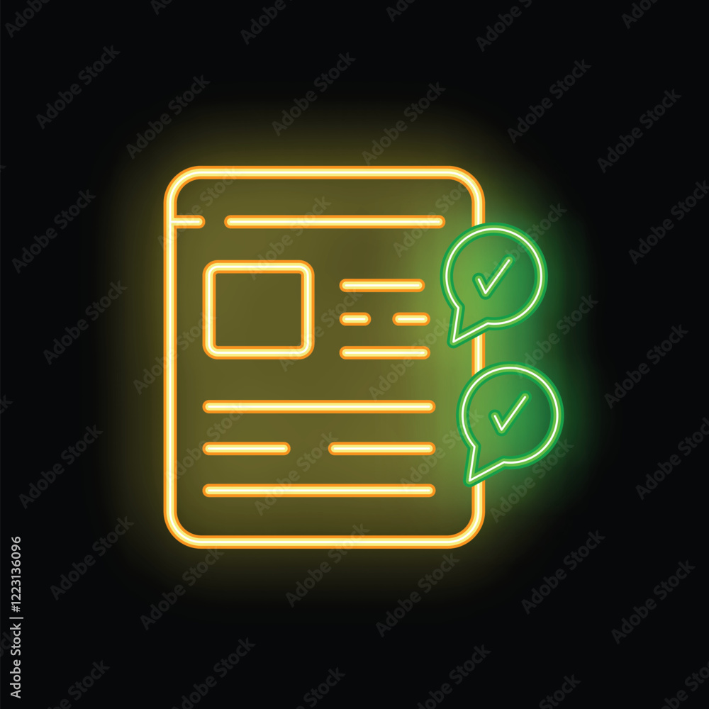 Poster neon icon of a document receiving two green checkmark notifications on a black background