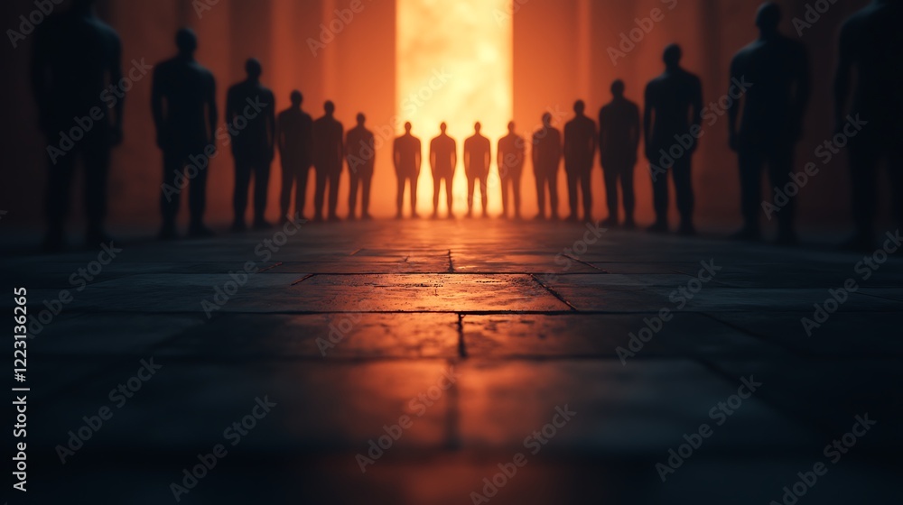 Poster a shadowy line of figures stands before a glowing orange backdrop, creating a dramatic and mysteriou