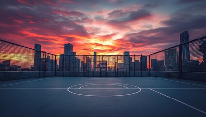 A dramatic sunset sky over the city skyline, with vibrant colors painting the clouds above