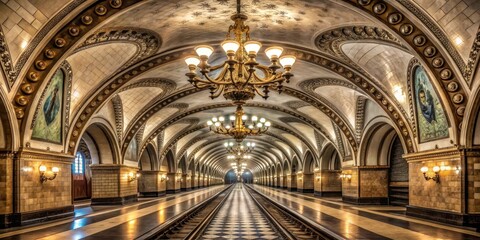 Fototapeta premium Grandiose subway tunnel with high ceilings and elegant chandeliers, underground train station, ornate details