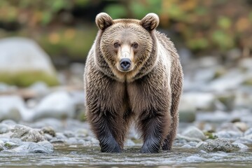 Obraz premium Majestic Grizzly Bear Walking Through Shallow Stream Surrounded by Nature, Displaying Its Powerful Presence and Unique Characteristics Amidst Beautiful Scenery
