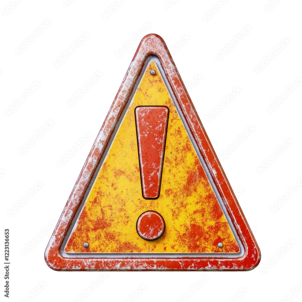 Poster A weathered triangular warning sign with a large red exclamation point on a yellow background.