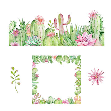 Watercolor cactus and succulent frame set, tropical plants