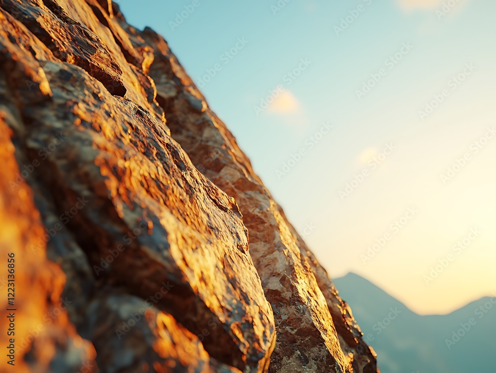 Poster a close-up view of textured rock formations illuminated by warm sunlight, with a soft-focus backgrou