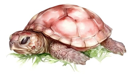 A realistic illustration of a turtle resting on green grass with a white background