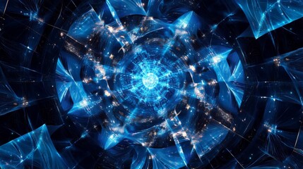 Abstract blue geometric shapes with digital connections, futuristic technology background representing innovation, data flow, and advanced network systems in a modern digital world


