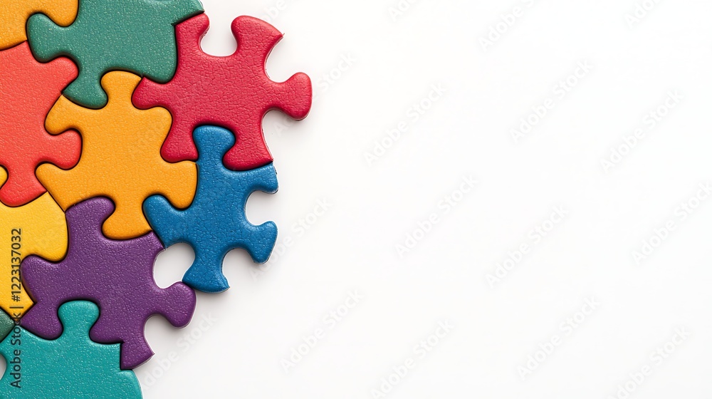 Poster colorful puzzle pieces arranged with space for more, symbolizing problem-solving and creativity.
