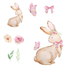 Watercolor Easter Rabbit with butterfly and spring flowers