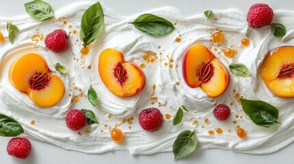 Creamy Whipped Dessert with Peach Slices Raspberries Basil Garnish