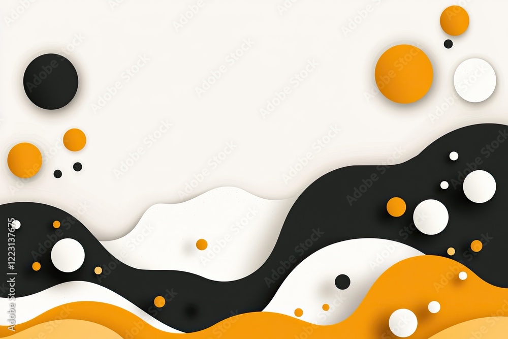 Poster a vibrant abstract design featuring wavy patterns and colorful circles in black, white, and shades o