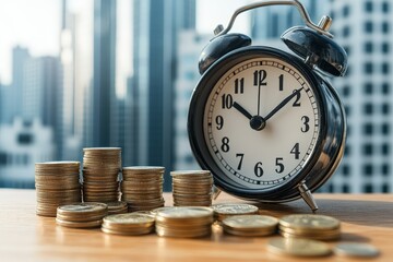 Clock on top of a pile of coins representing time and money management concept