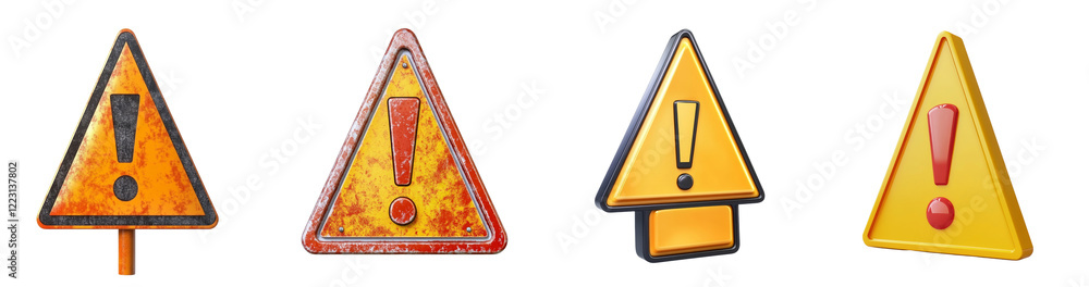 Poster A digital illustration showcases four triangular warning signs with exclamation marks in varying conditions and styles.