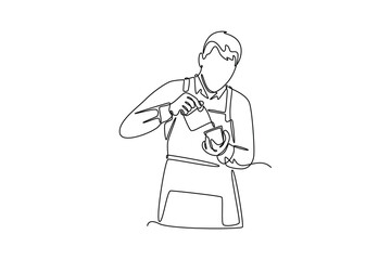 Barista making coffee concept. Single line draw design vector graphic illustration.