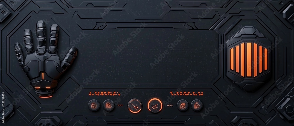 Poster a futuristic control panel features a black surface with an orange-lit hand sensor and various butto